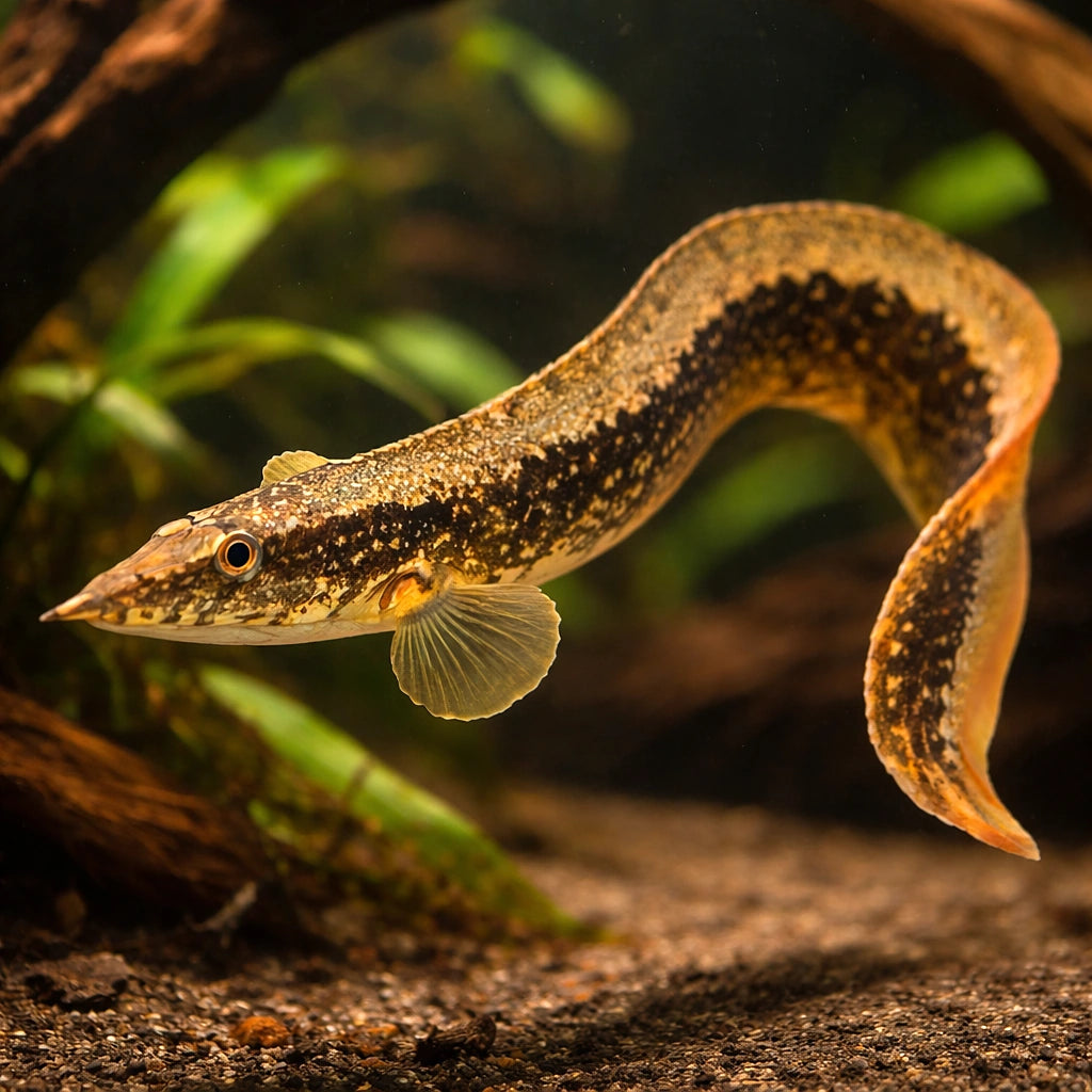 Large Spiny Eel, Belted Spi — tropical fish for sale UK — AI hero driftwood view