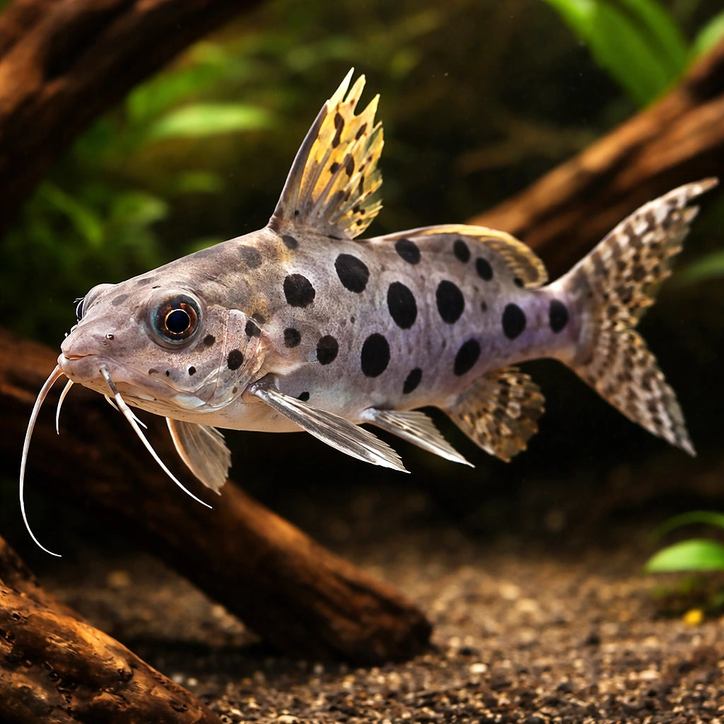 Large-Spot Catfish — tropical fish for sale UK — AI hero driftwood view