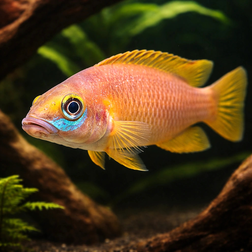 Lemon Cichlid — tropical fish for sale UK — AI hero driftwood view