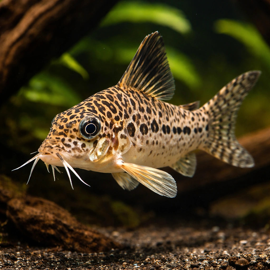 Leopard catfish — tropical fish for sale UK — AI hero driftwood view