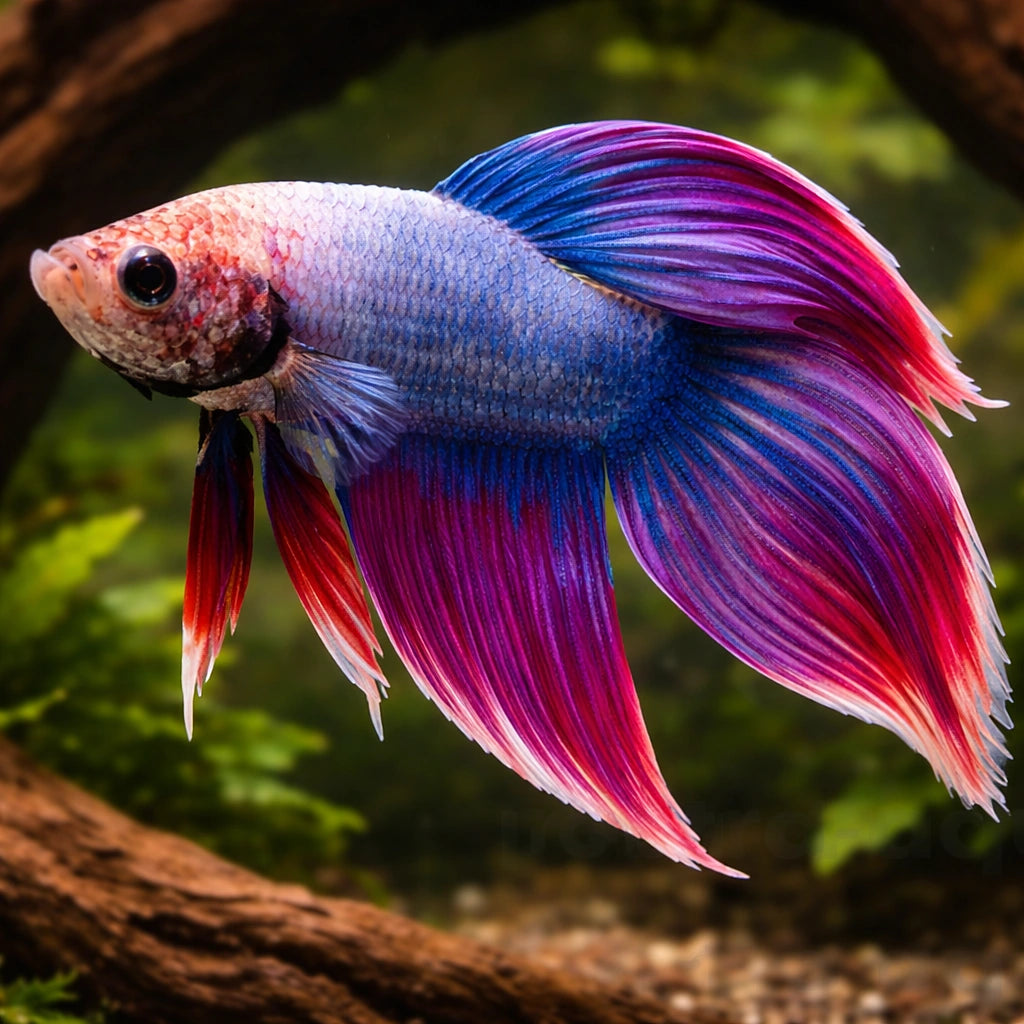 Libby Betta, Split-Tailed Betta ALBINO - XL — tropical fish for sale UK — AI hero driftwood view