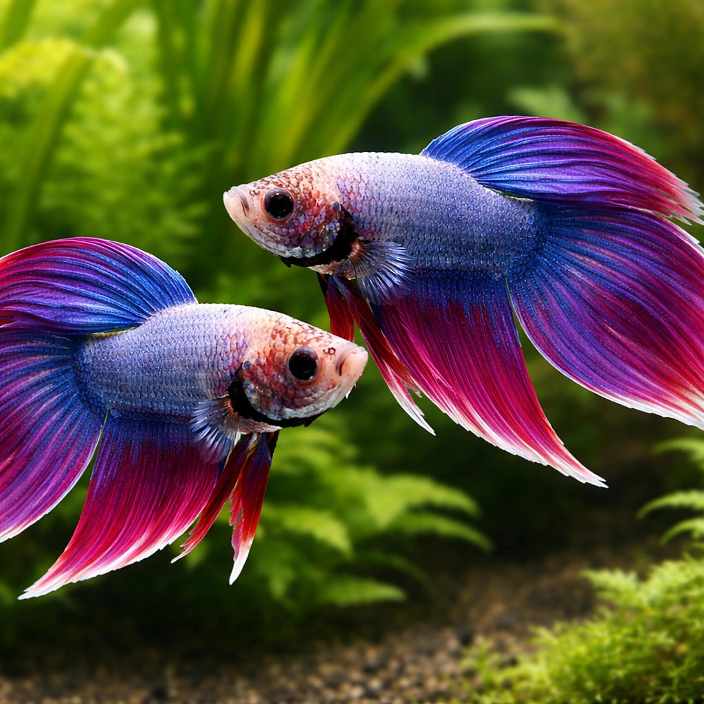 Libby Betta, Split-Tailed Betta ALBINO - XL — tropical fish for sale UK — AI pair planted view