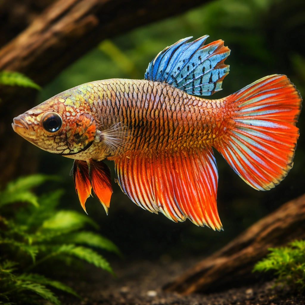 Libby Betta, Split-Tailed Betta — tropical fish for sale UK — AI hero driftwood view