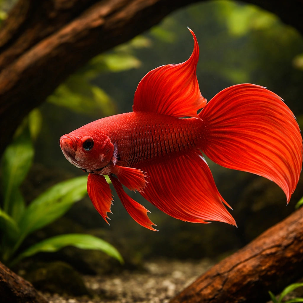 Libby Betta, Split-Tailed Betta red XL — tropical fish for sale UK — AI hero driftwood view