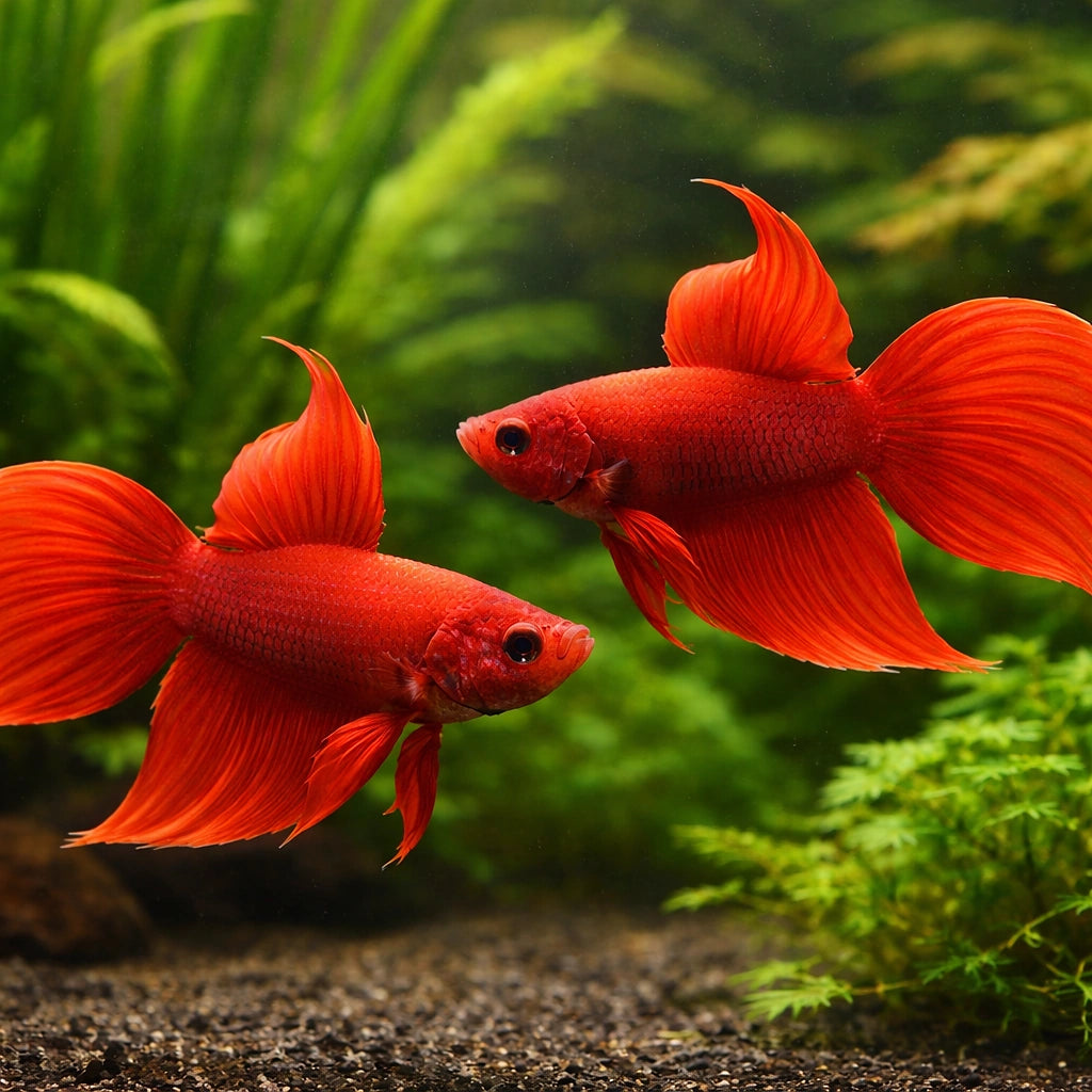 Libby Betta, Split-Tailed Betta red XL — tropical fish for sale UK — AI pair planted view