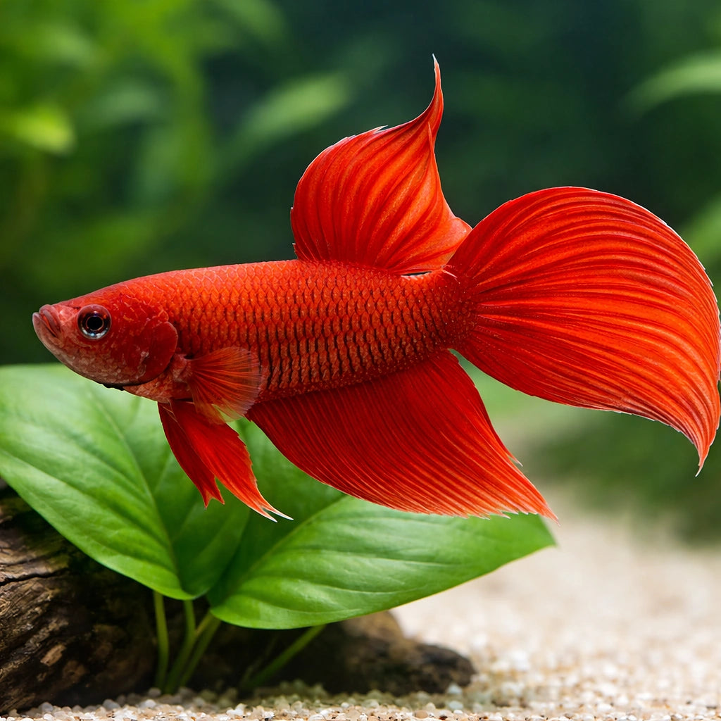 Libby Betta, Split-Tailed Betta red XL — tropical fish for sale UK — AI scale plant view