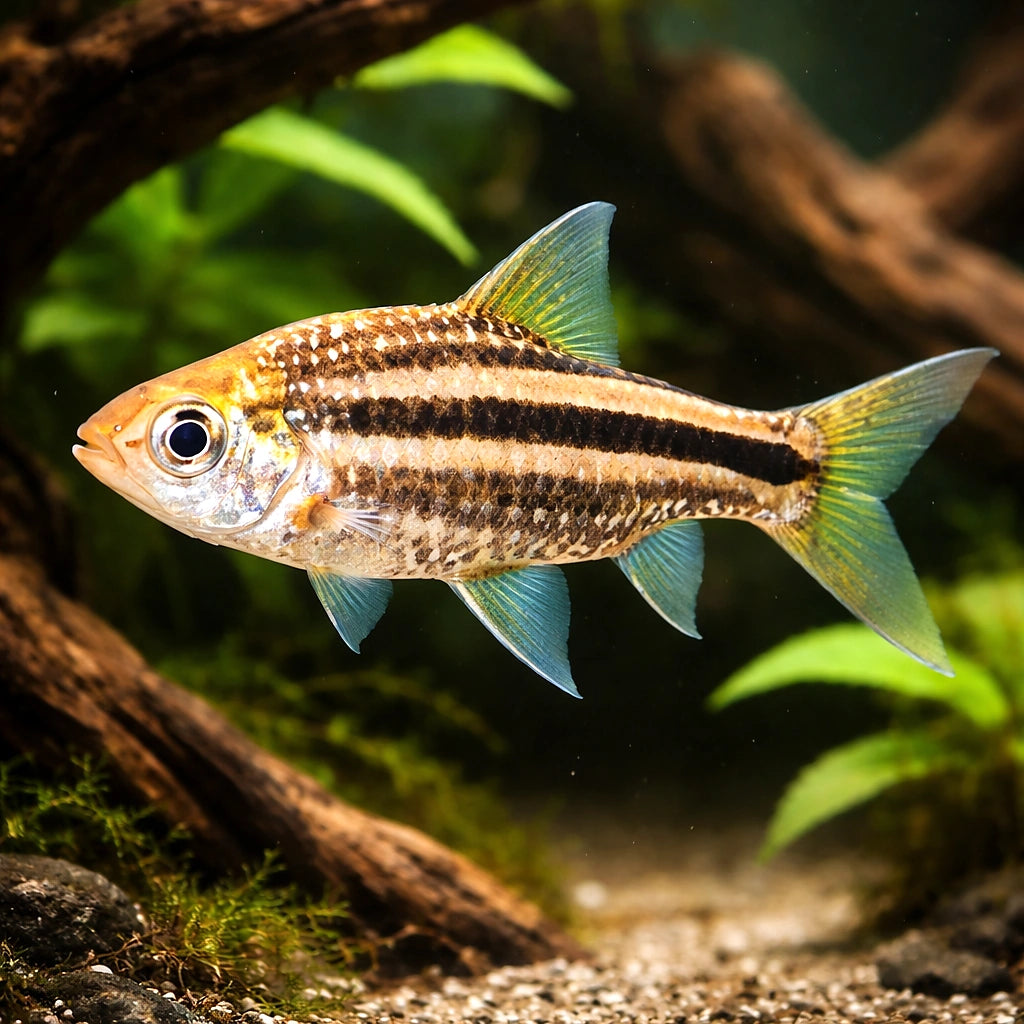 Lined Barb, Striped Barb — tropical fish for sale UK — AI hero driftwood view