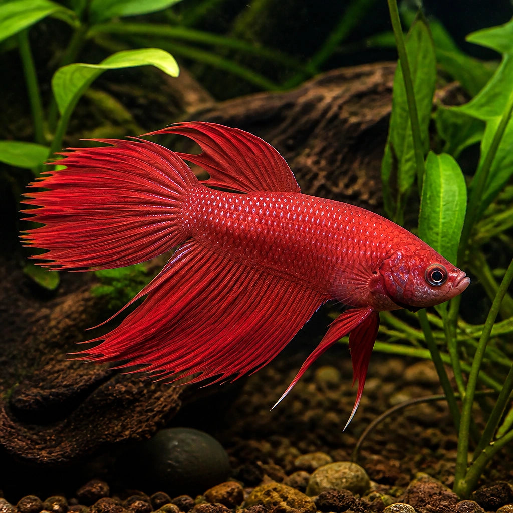 Cambodian Longfin Male Betta — Betta Fighter fish for sale UK — AI natural aquarium view