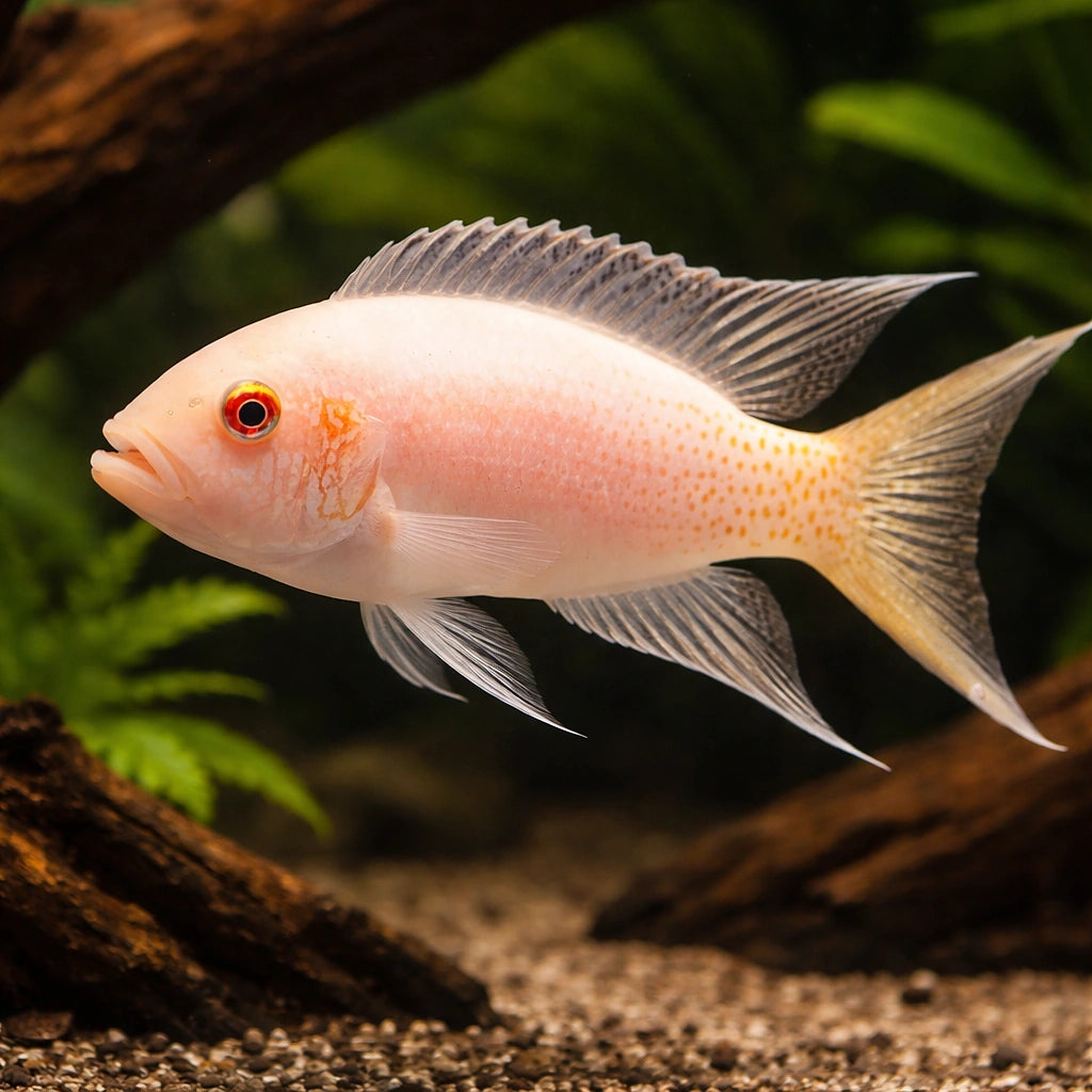 Lyretail Lamprologus Albino — tropical fish for sale UK — AI hero driftwood view