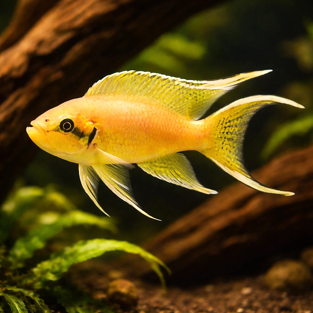 Lyretail Lamprologus, Fairy — tropical fish for sale UK — AI hero driftwood view