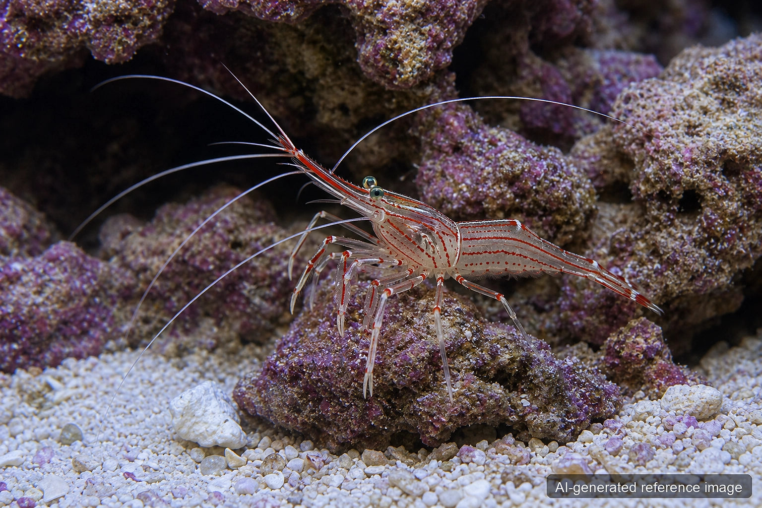 Lysmata kuekenthali peppermint shrimp with translucent body, red striping and long antennae - AI-generated reference image