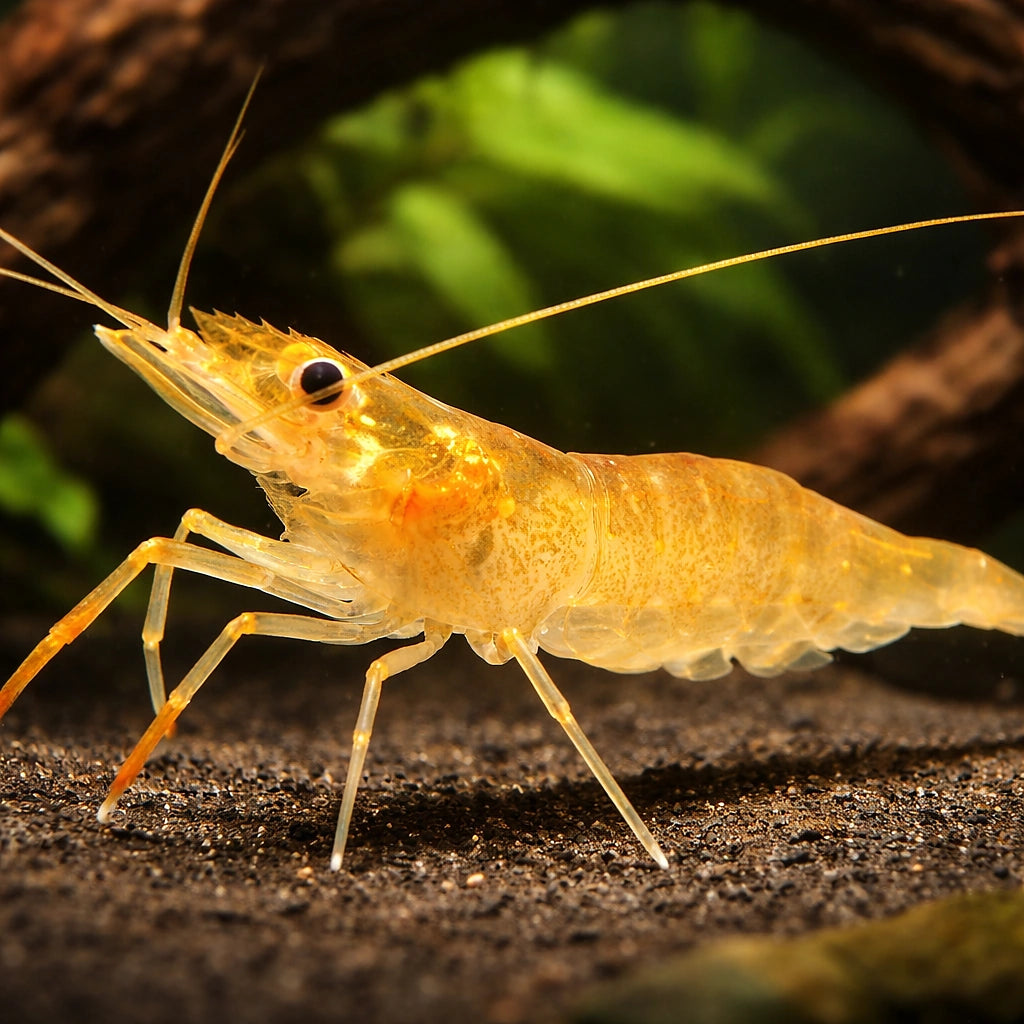 Macrobrachium glass shrimp — tropical fish for sale UK — AI hero driftwood view