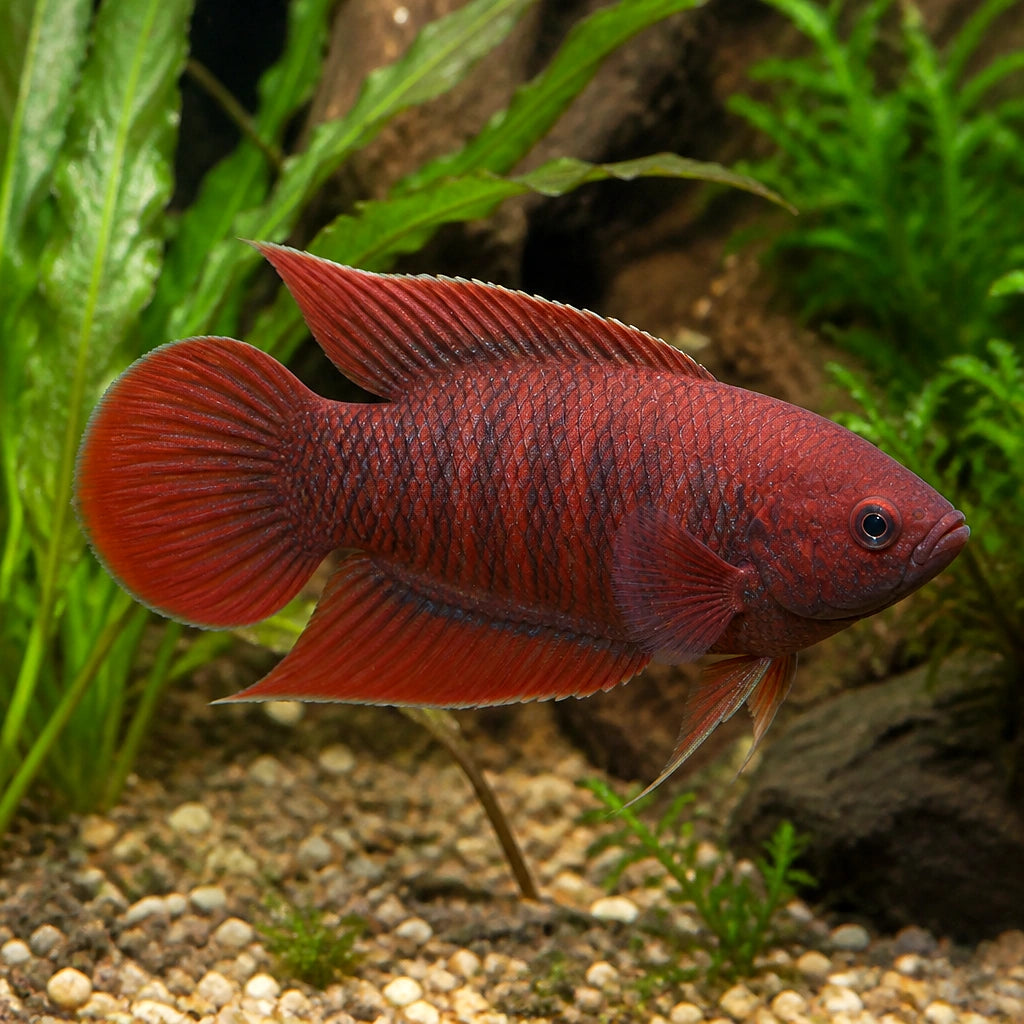 Red Velvet Paradise Fish - Macropodus Opercularis «Red Velvet» — tropical fish for sale UK — AI natural aquarium view