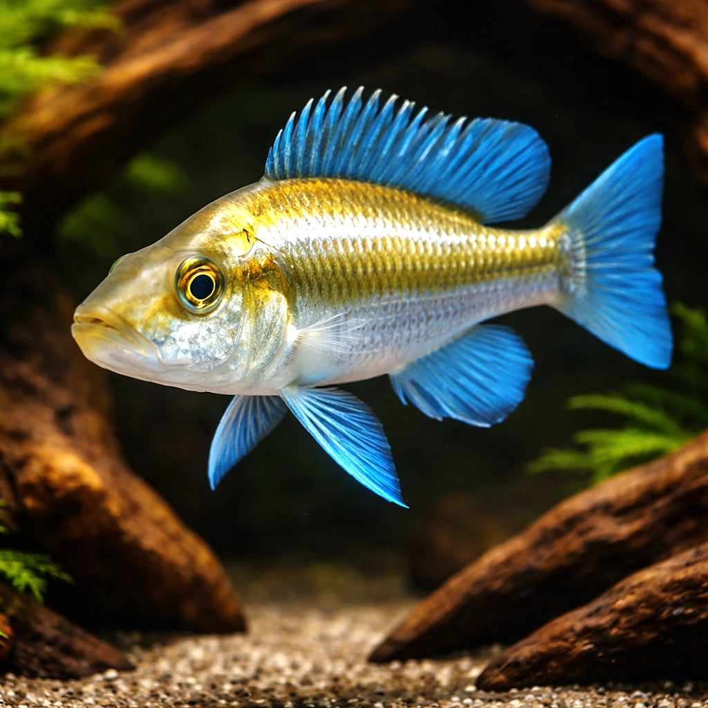 Malawi Eye-Biter — tropical fish for sale UK — AI hero driftwood view