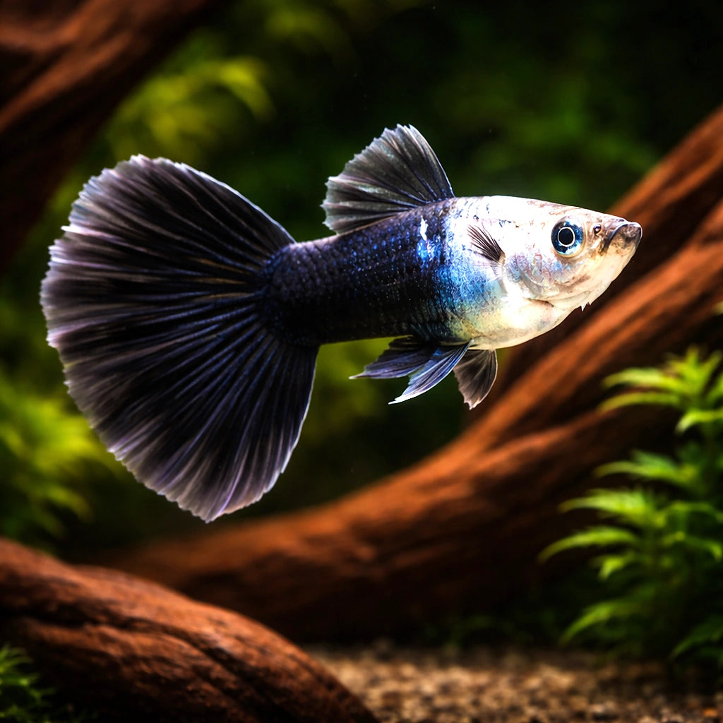 Male Tuxedo Black Guppy (Poecilia reticulata) — AI hero driftwood view