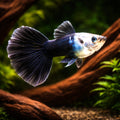 Male Tuxedo Black Guppy (Poecilia reticulata) — AI hero driftwood view