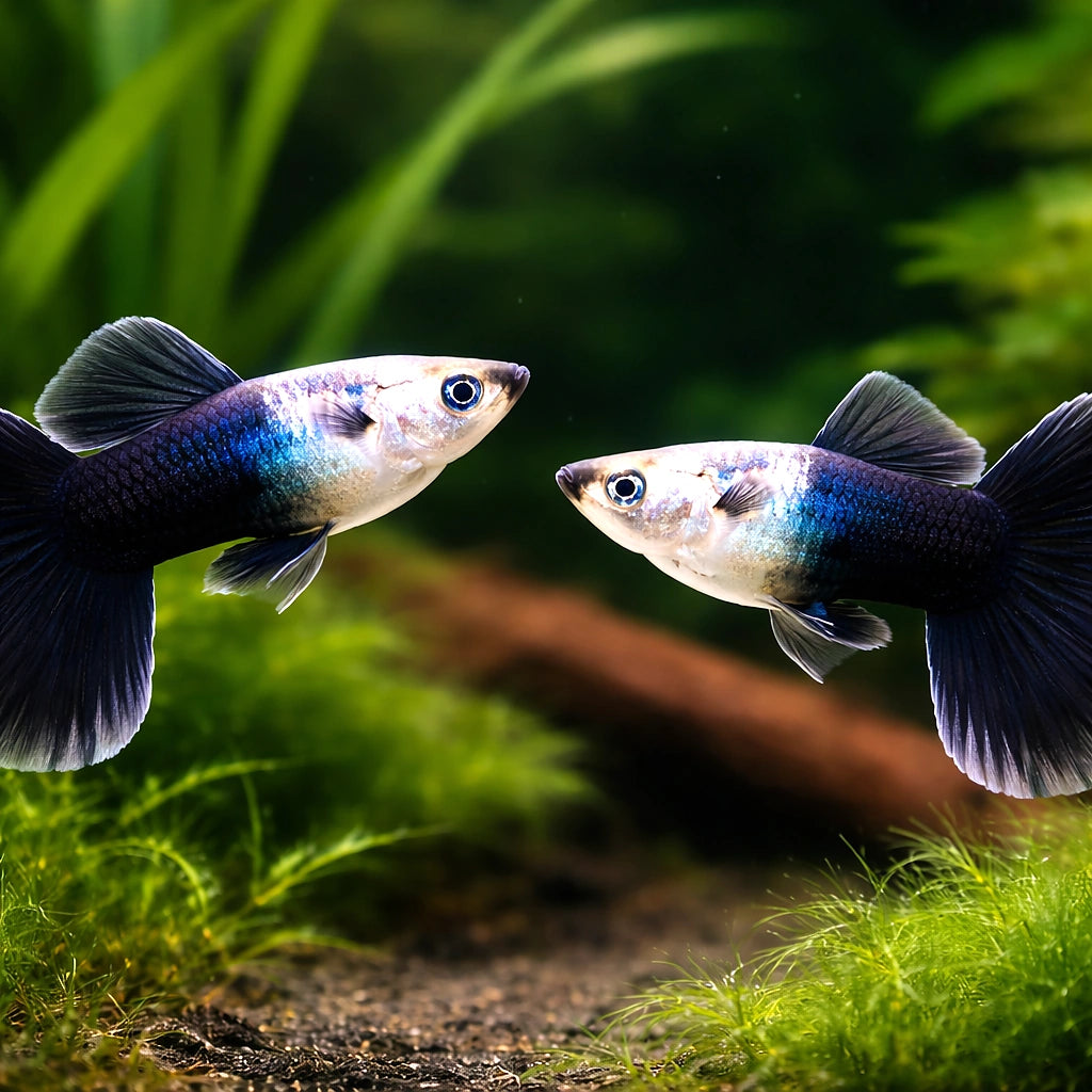 Male Tuxedo Black Guppy (Poecilia reticulata) — AI pair planted view