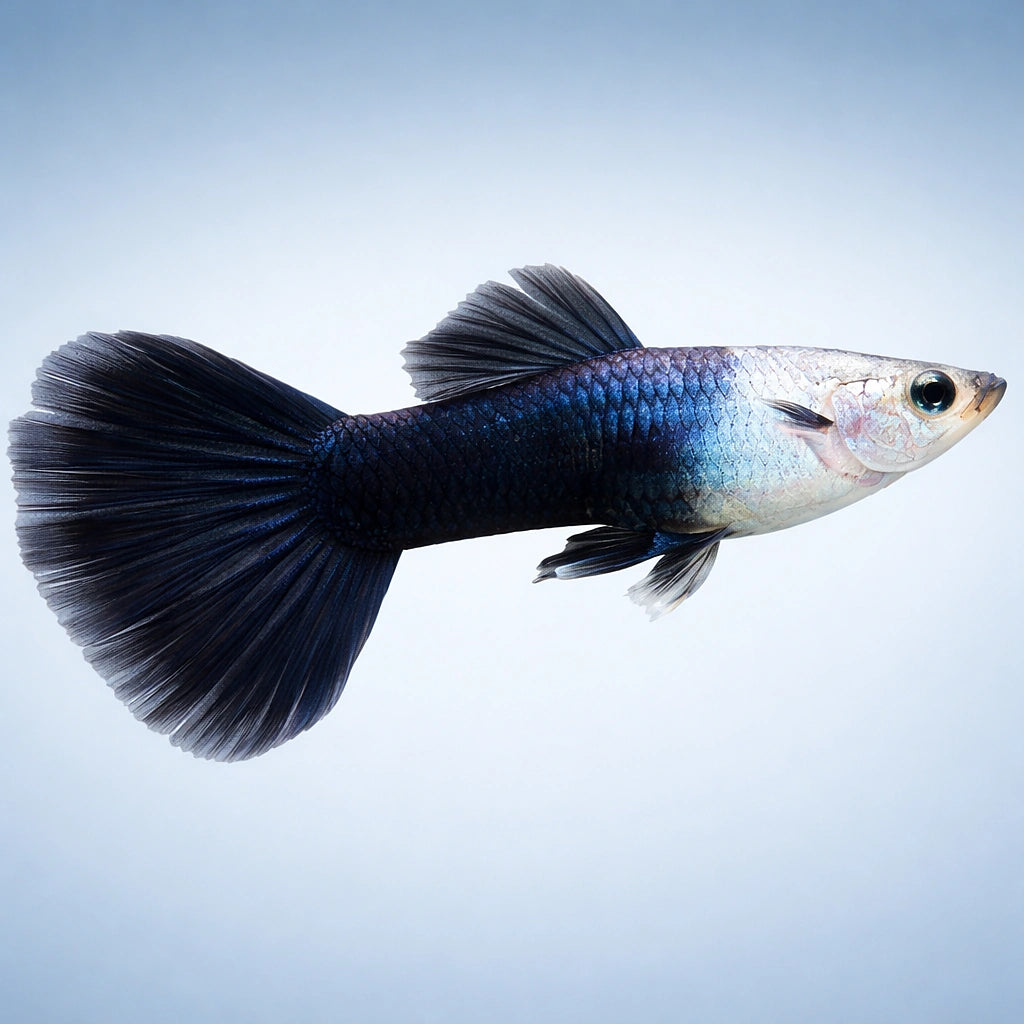 Male Tuxedo Black Guppy (Poecilia reticulata) — AI side clean view