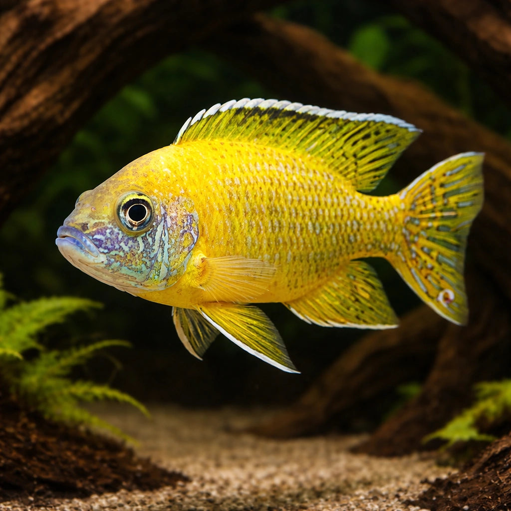 Maleri Peacock Cichlid — tropical fish for sale UK — AI hero driftwood view