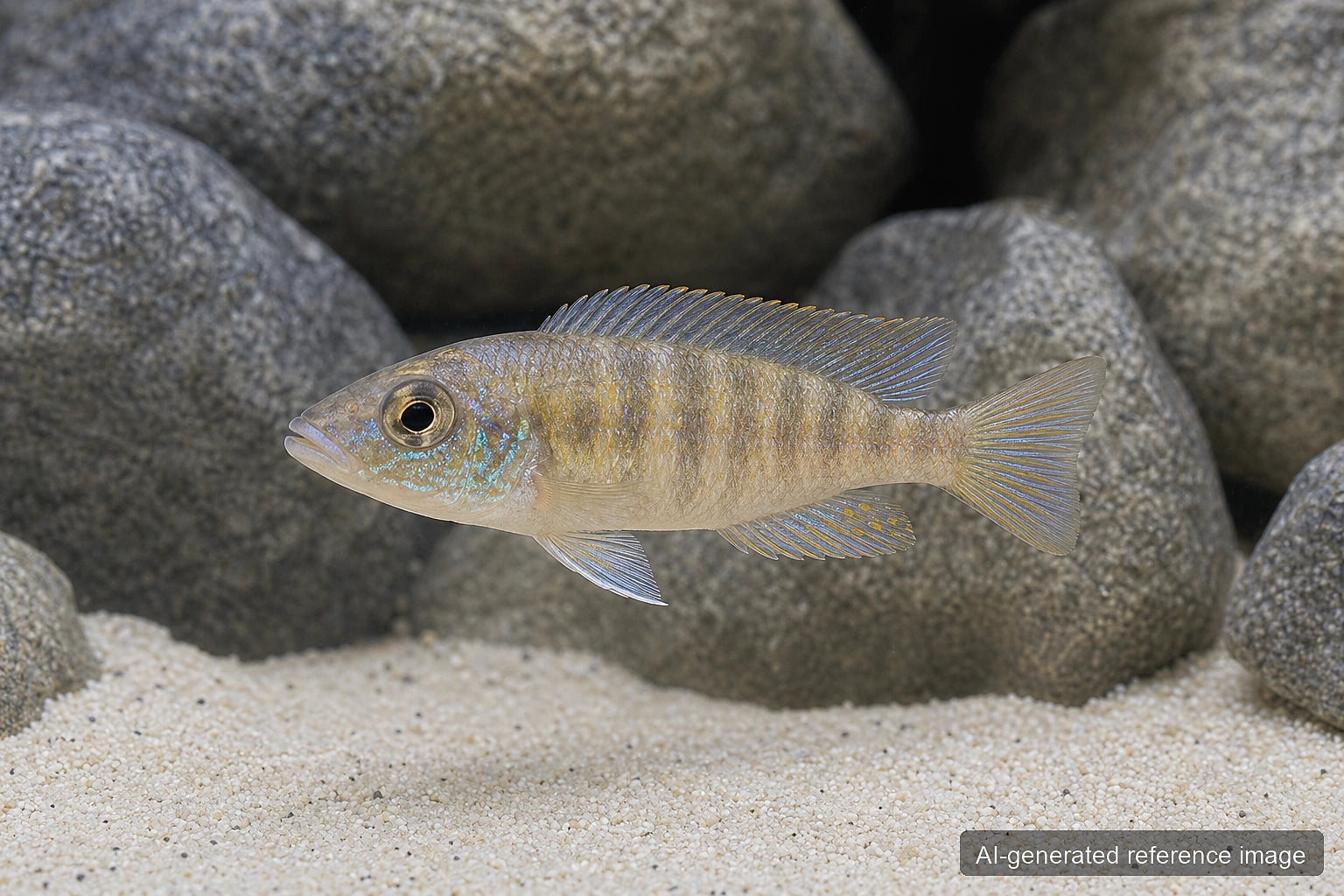 Juvenile Maleri Gold Peacock Cichlid in a Lake Malawi aquarium - AI-generated reference image