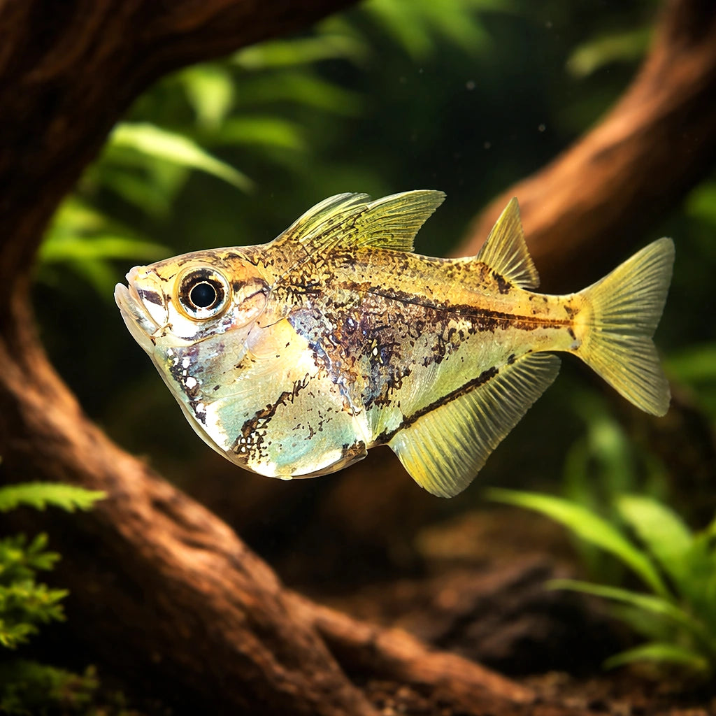 Marbled hatchefish — tropical fish for sale UK — AI hero driftwood view