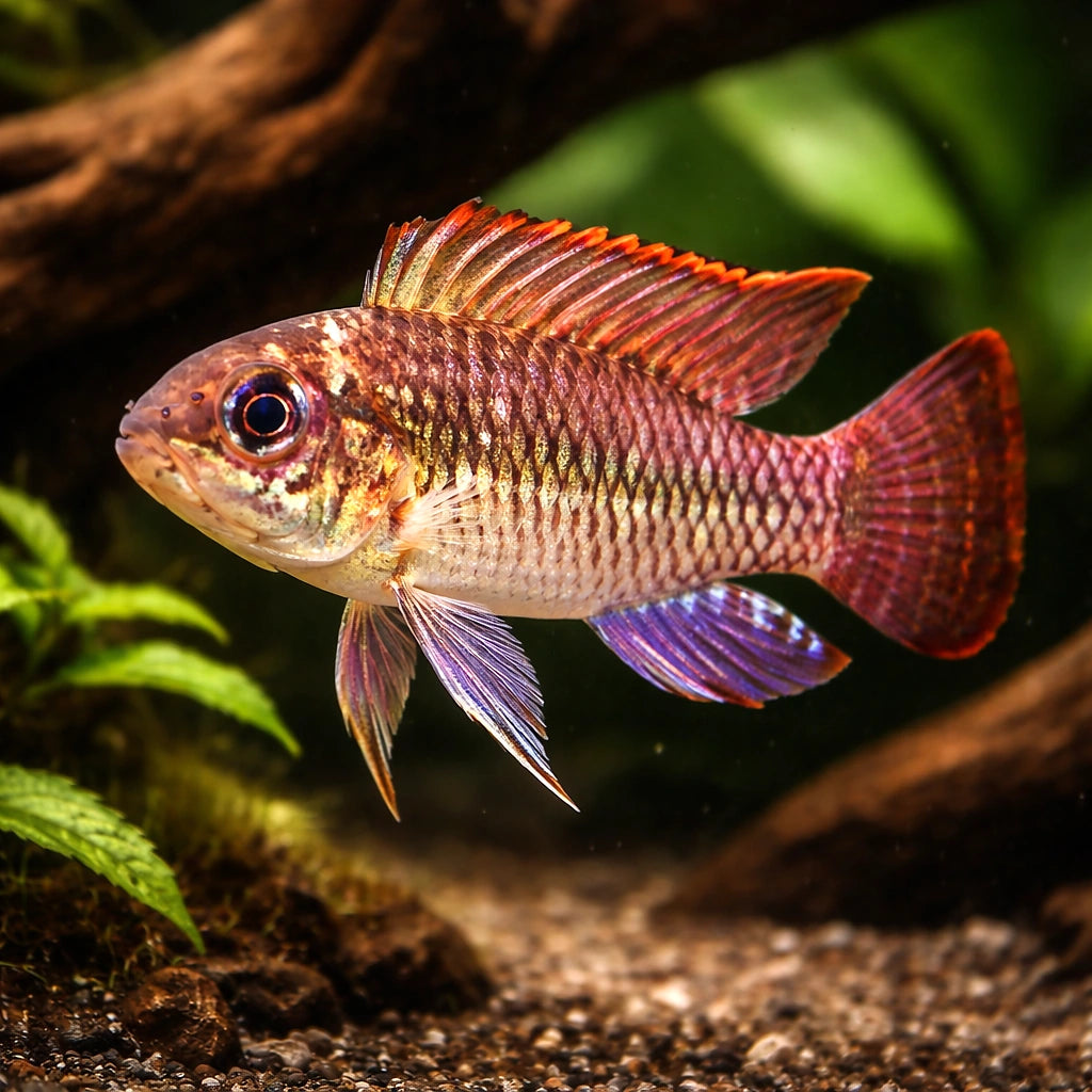 Meinkenni Dwarf Cichlid — tropical fish for sale UK — AI hero driftwood view