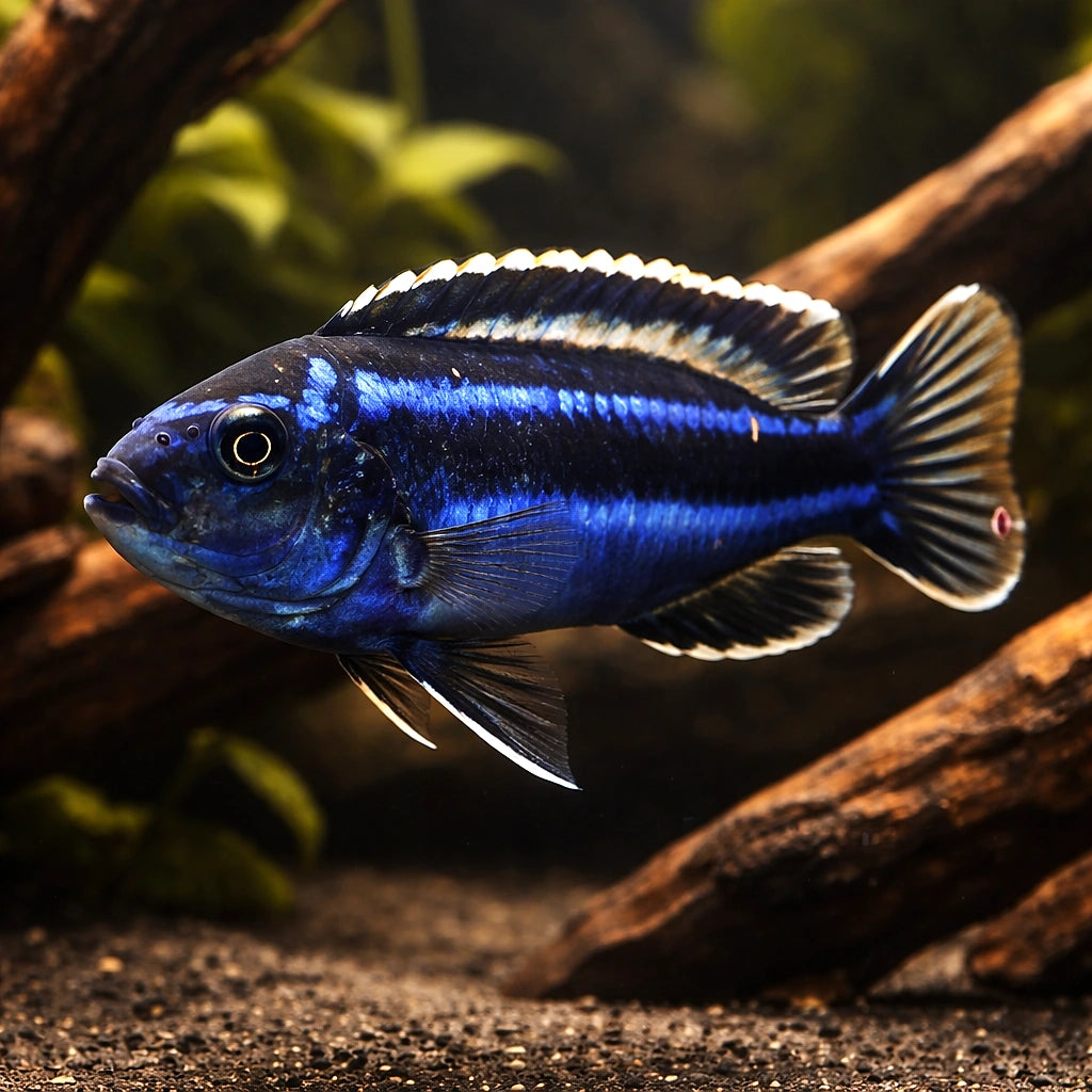 Melanochromis cyaneorhabdos 3 - — tropical fish for sale UK — AI hero driftwood view