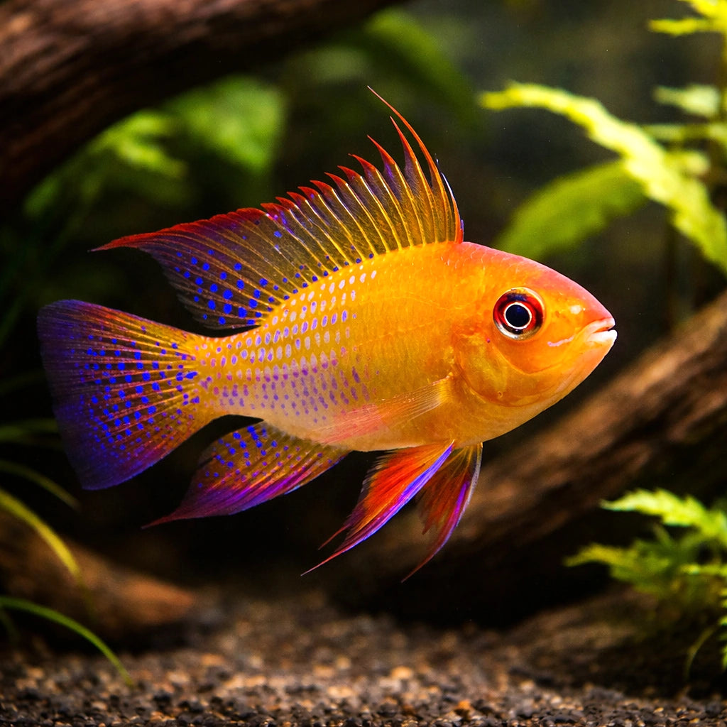 Mikrogeophagus ramirezi — Dwarf Cichlid for sale UK — AI hero driftwood view