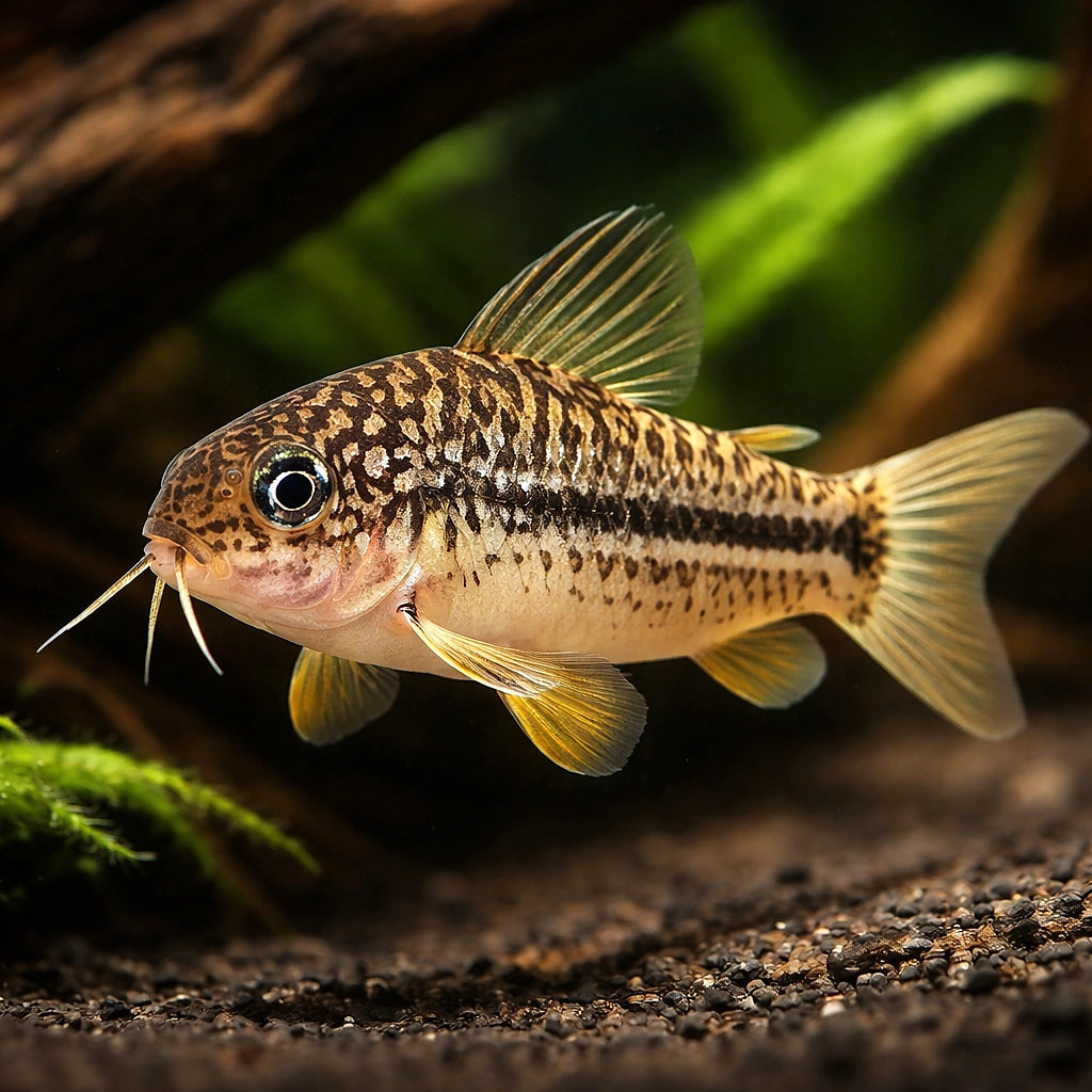 Mini Cory, Light-Spot Catfish — tropical fish for sale UK — AI hero driftwood view