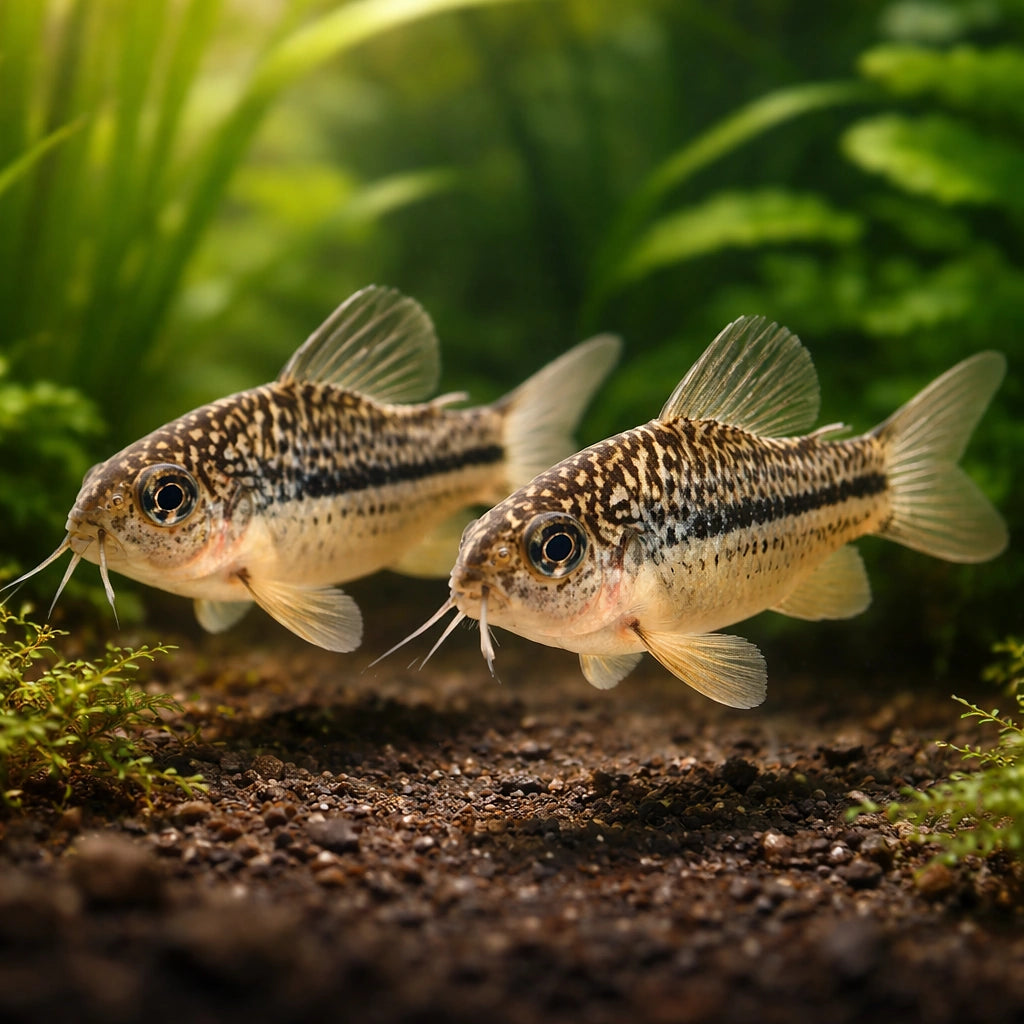 Mini Cory, Light-Spot Catfish — tropical fish for sale UK — AI pair planted view