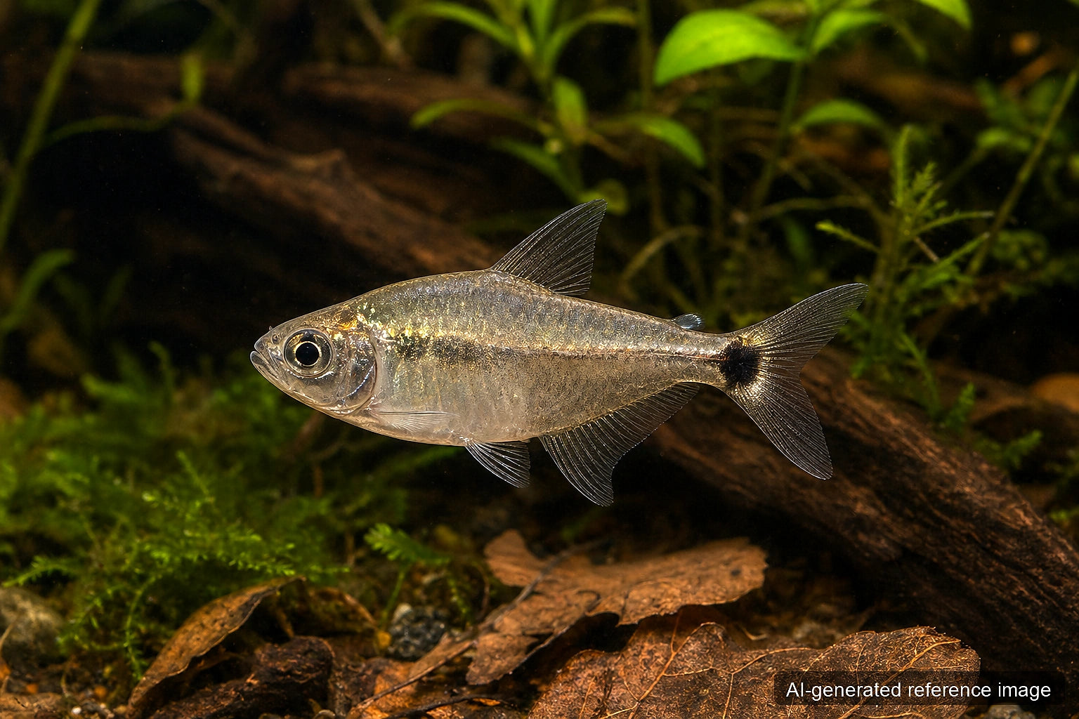 Moenkhausia costae tetra with silvery body and subtle dark tail marking - AI-generated reference image