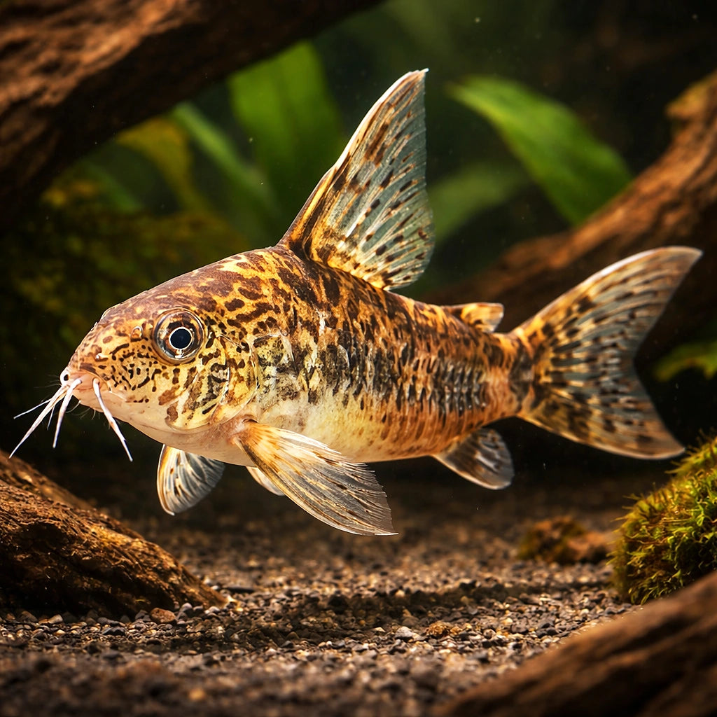 Mottled Catfish Long fin — Red Peppered Cory (Corydoras paleatus) — AI hero driftwood view