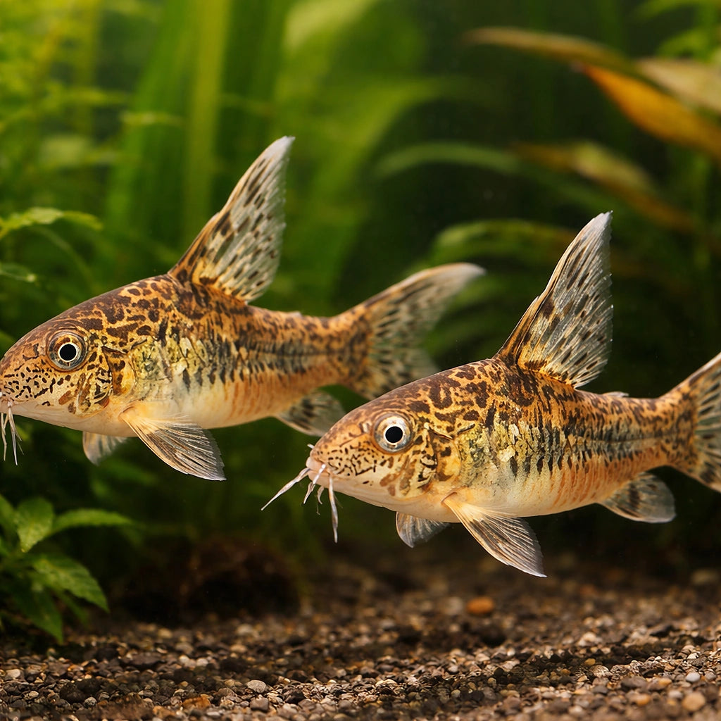 Mottled Catfish Long fin — Red Peppered Cory (Corydoras paleatus) — AI pair planted view