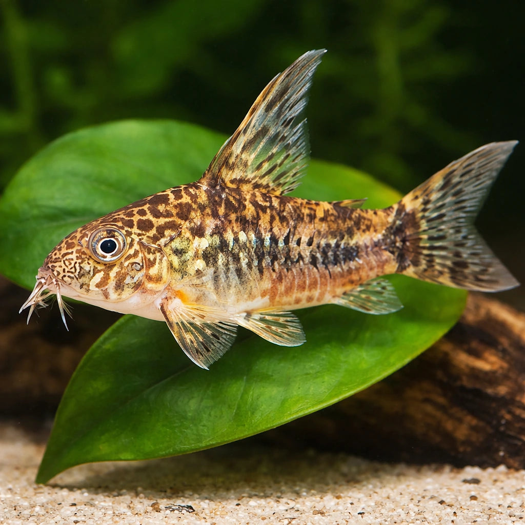 Mottled Catfish Long fin — Red Peppered Cory (Corydoras paleatus) — AI scale plant view