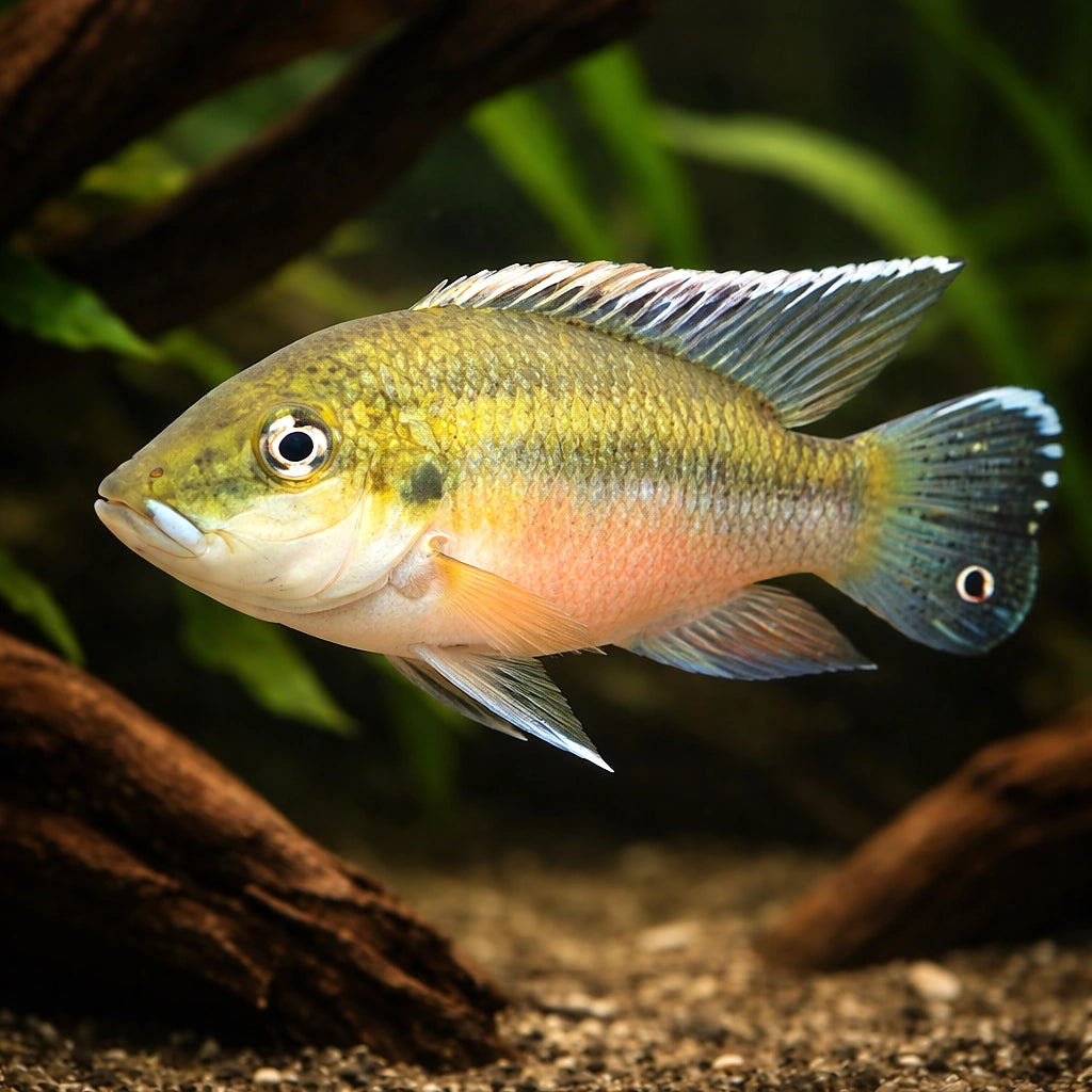 Mouthbrooding Krib, Guenthe — tropical fish for sale UK — AI hero driftwood view