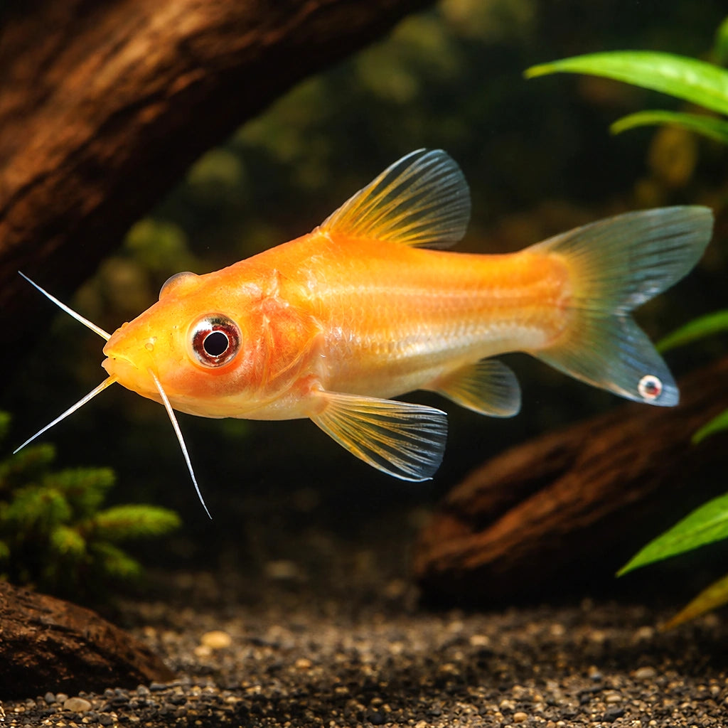 Mystus sp. albino yellow 8 - — tropical fish for sale UK — AI hero driftwood view