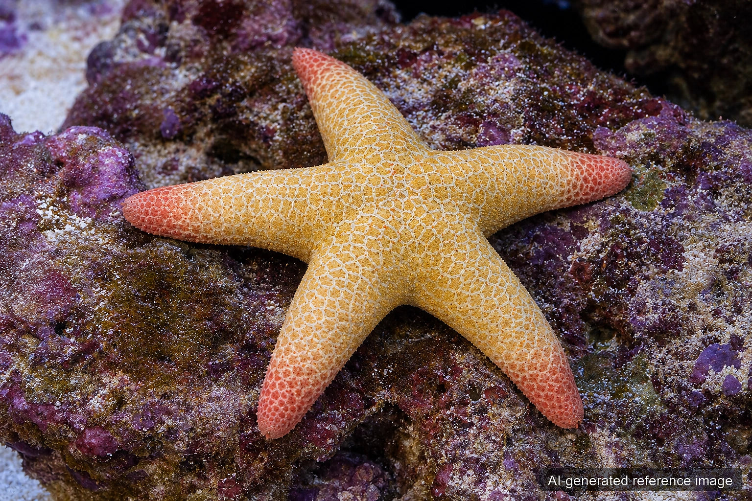 Nardoa novaecaledoniae starfish with yellow-peach reticulated pattern on reef rock - AI-generated reference image