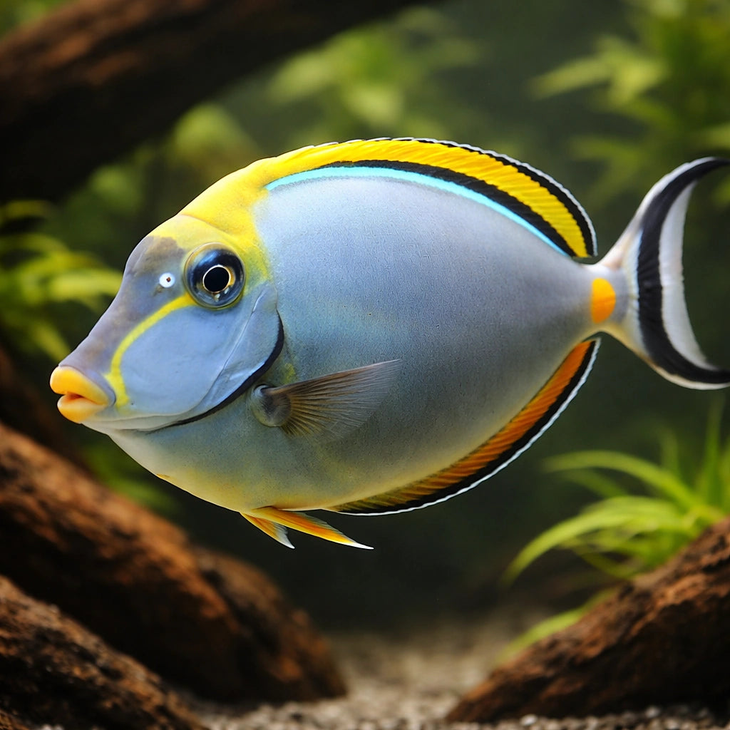 Naso elegans — tropical fish for sale UK — AI hero driftwood view
