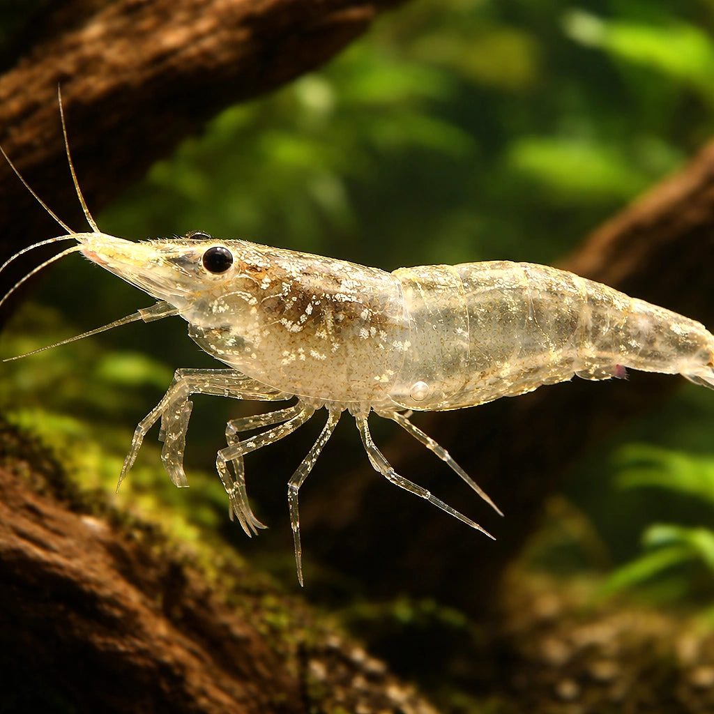 Neocaridina palmata green — tropical fish for sale UK — AI hero driftwood view