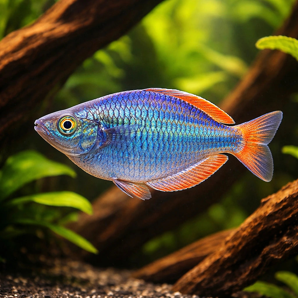 Neon Blue — Rainbowfish for sale UK — AI hero driftwood view