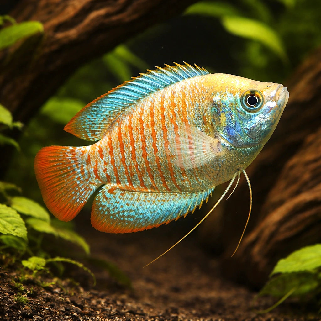 Neon Dwarf Gourami Female Mix — tropical fish for sale UK — AI hero driftwood view
