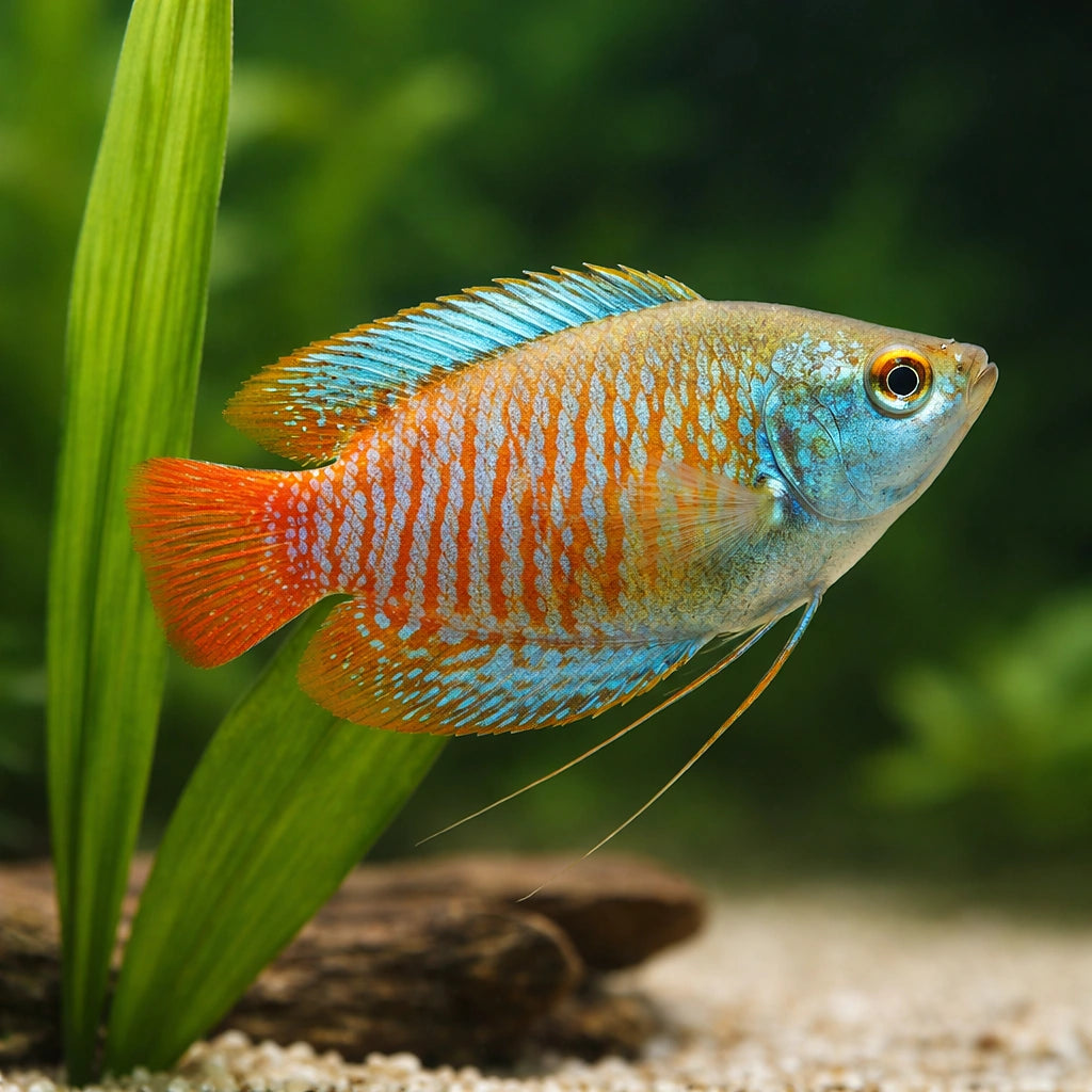 Neon Dwarf Gourami Female Mix — tropical fish for sale UK — AI scale plant view