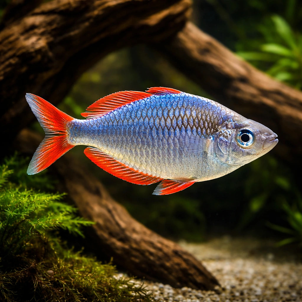 Neon Dwarf Rainbow (Melanotaenia praecox) - Tropical Fish for Sale UK — AI hero driftwood view