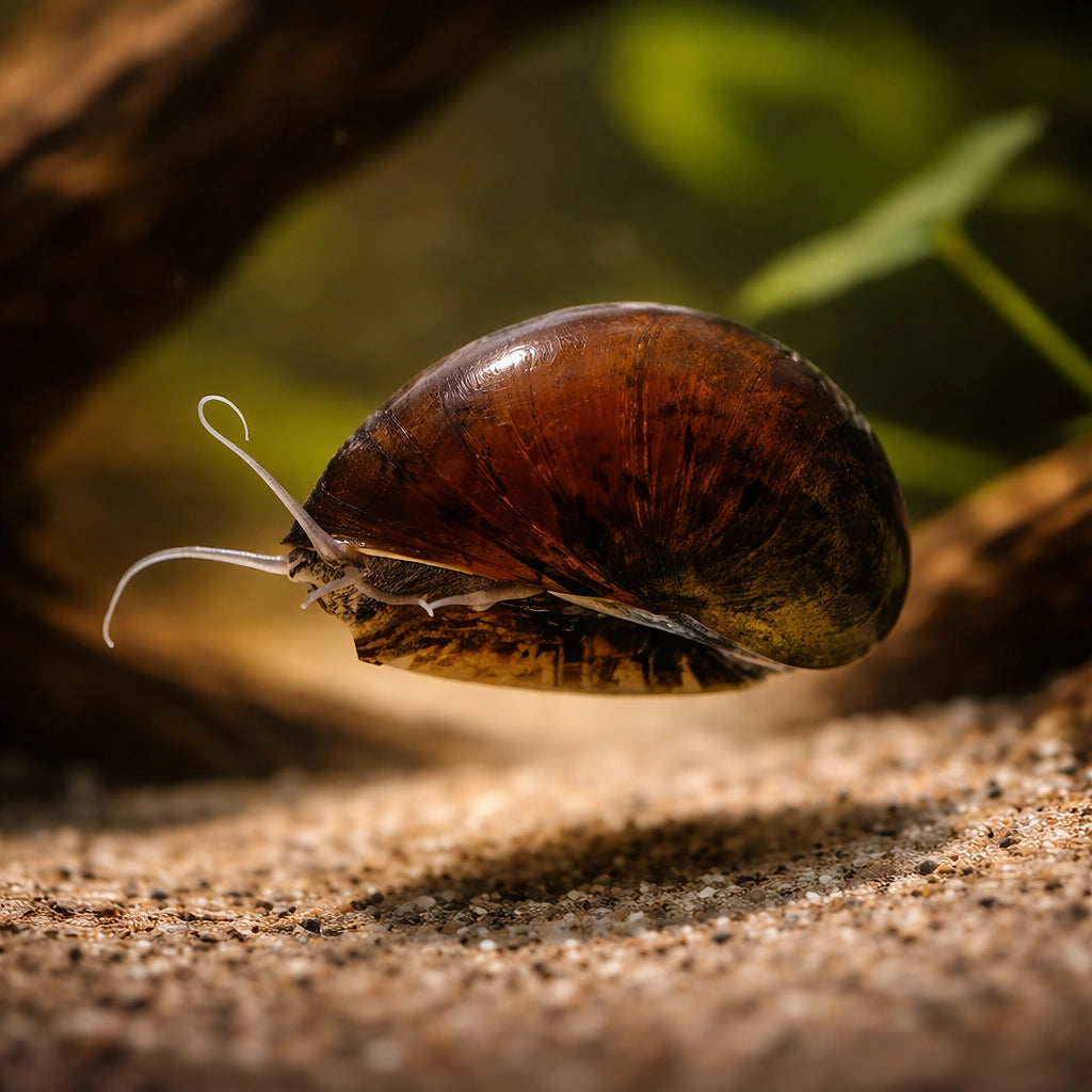 Neritina sp. black helmet 1 - — tropical fish for sale UK — AI hero driftwood view