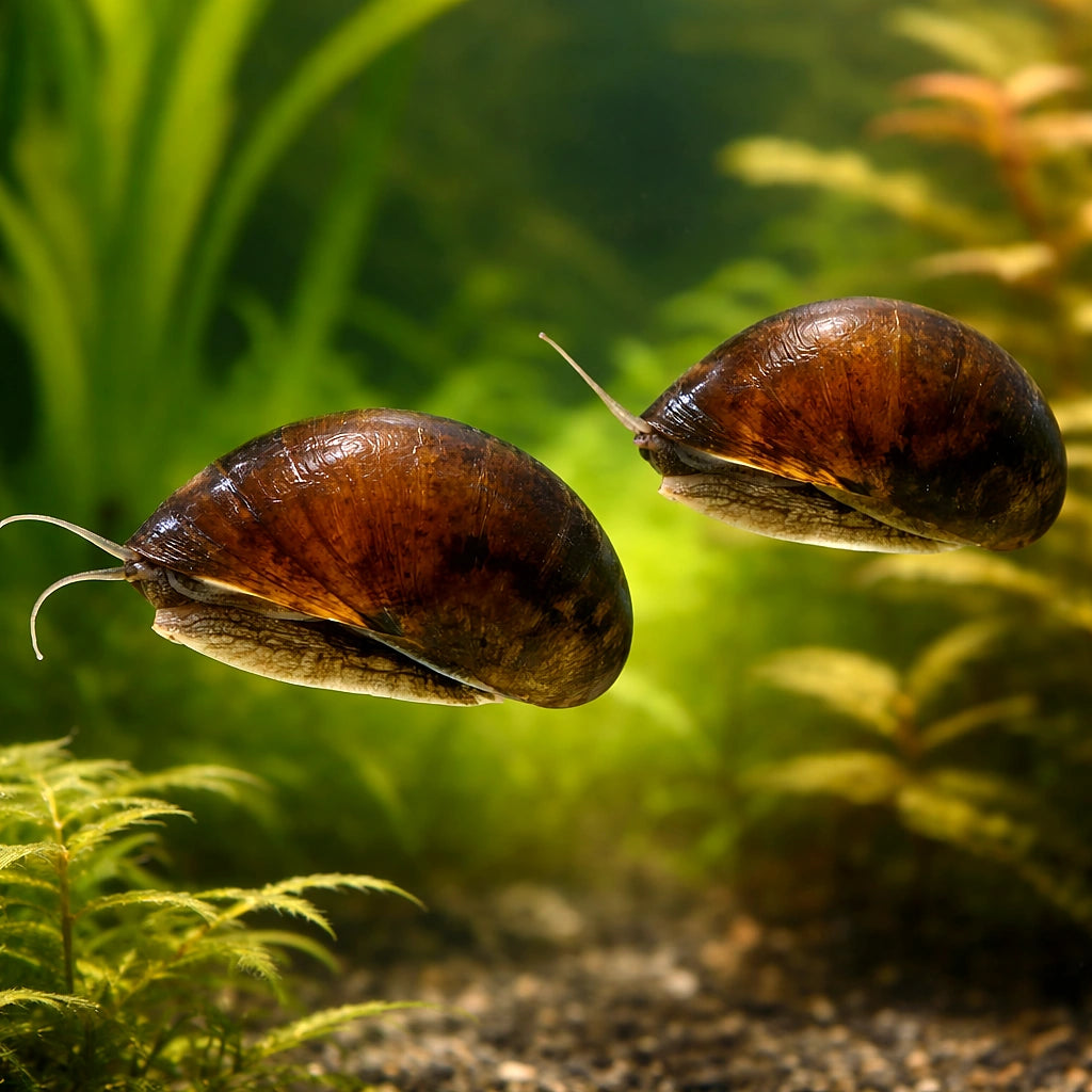 Neritina sp. black helmet 1 - — tropical fish for sale UK — AI pair planted view