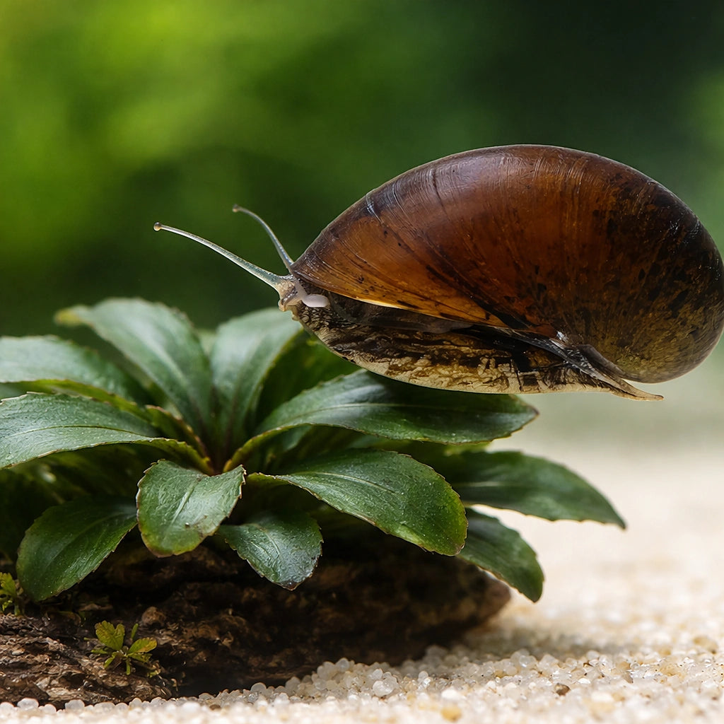 Neritina sp. black helmet 1 - — tropical fish for sale UK — AI scale plant view