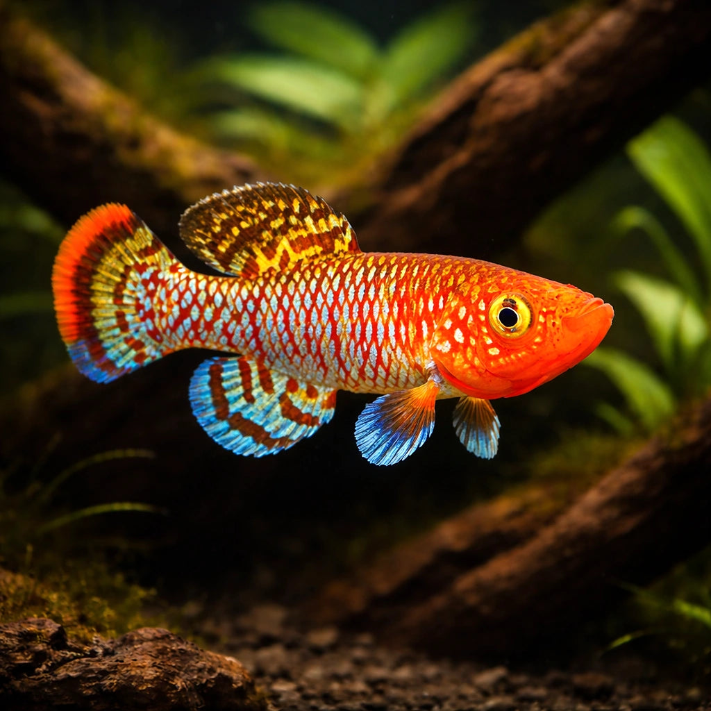 Nothobranchius Rachovii «Beira 98» - Male &amp; Female - Stunning Killifish, Perfect for Aquascaping with Vibrant Colors and Graceful Movement to Enhance Your Aquarium Setup — for sale UK — AI hero driftwood view
