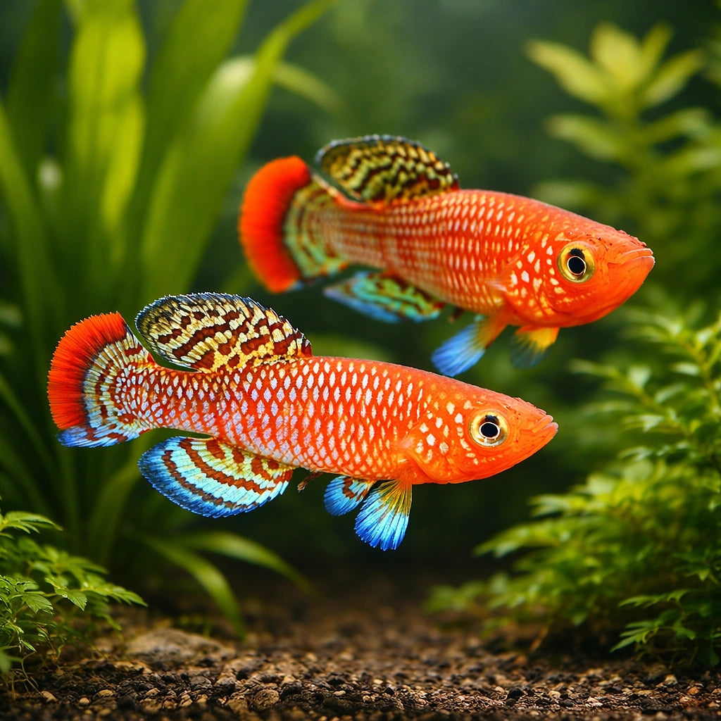 Nothobranchius Rachovii «Beira 98» - Male &amp; Female - Stunning Killifish, Perfect for Aquascaping with Vibrant Colors and Graceful Movement to Enhance Your Aquarium Setup — for sale UK — AI pair planted view