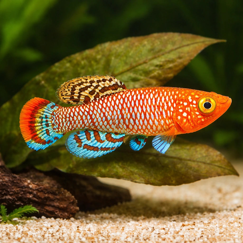 Nothobranchius Rachovii «Beira 98» - Male &amp; Female - Stunning Killifish, Perfect for Aquascaping with Vibrant Colors and Graceful Movement to Enhance Your Aquarium Setup — for sale UK — AI scale plant view