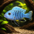 Nyasa Blue Cichlid, Zebra M — tropical fish for sale UK — AI hero driftwood view